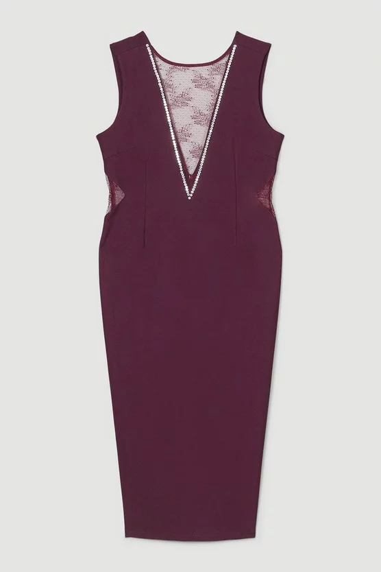 Outlet π Karen Millen Plus Size Lace Front Diamante Jersey Midi π Dress - burgundy π 6 Outlet π Karen Millen Plus Size Lace Front Diamante Jersey Midi π Dress - burgundy π - Image 4
