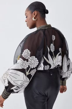 Outlet 😀 Karen Millen Plus Organdie Applique Buttoned Woven Blouse - black 👍 -Occasionwear Popular Store bkk07318 black xl 2