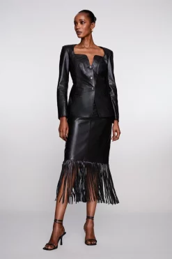 Coupon 😉 Karen Millen Leather Tassel Hem Pencil 👗 Skirt - black 🧨