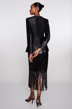 Coupon 😉 Karen Millen Leather Tassel Hem Pencil 👗 Skirt - black 🧨 -Occasionwear Popular Store bkk07343 black xl 5