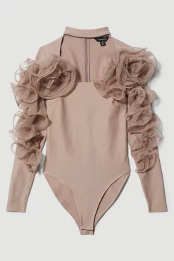 Budget 🔔 Karen Millen Tulle Detail Ponte Bodysuit - natural 😉 -Occasionwear Popular Store bkk07355 natural xl 3