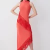 Coupon ⌛ Karen Millen Fringe Hem Asymmetric Knit Midi 👗 Dress - red 🌟 -Occasionwear Popular Store bkk07359 pink xl