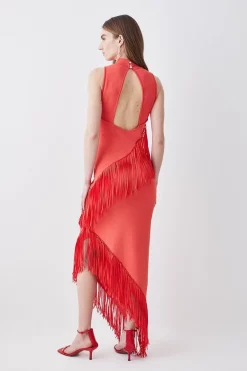 Coupon ⌛ Karen Millen Fringe Hem Asymmetric Knit Midi 👗 Dress - red 🌟 -Occasionwear Popular Store bkk07359 pink xl 2