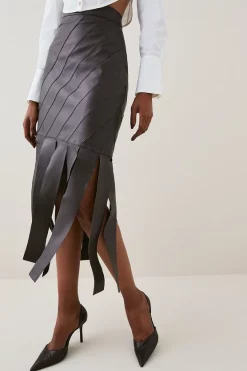 Top 10 🧨 Karen Millen Leather Diagonal Panel Tassel Hem Midi 👗 Skirt - chocolate 🥰 -Occasionwear Popular Store bkk07371 chocolate xl 2