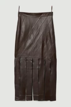 Top 10 🧨 Karen Millen Leather Diagonal Panel Tassel Hem Midi 👗 Skirt - chocolate 🥰 -Occasionwear Popular Store bkk07371 chocolate xl 3
