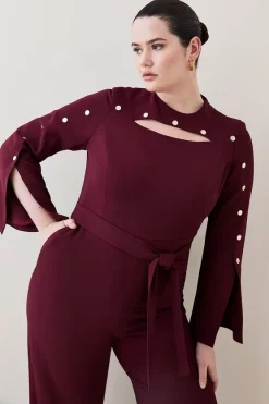 Discount ⭐ Karen Millen Plus Size Compact Viscose Stud Sleeve Wide Leg Jumpsuit - red 😉 -Occasionwear Popular Store bkk07402 red xl 2