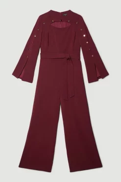 Discount ⭐ Karen Millen Plus Size Compact Viscose Stud Sleeve Wide Leg Jumpsuit - red 😉 -Occasionwear Popular Store bkk07402 red xl 3