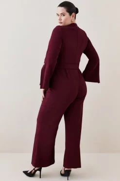 Discount ⭐ Karen Millen Plus Size Compact Viscose Stud Sleeve Wide Leg Jumpsuit - red 😉 -Occasionwear Popular Store bkk07402 red xl 4