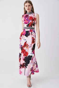 Cheapest 🎁 Karen Millen Diamante Trim Floral Woven Maxi 👗 Dress - pink 🔔