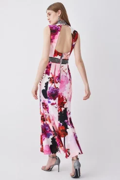 Cheapest 🎁 Karen Millen Diamante Trim Floral Woven Maxi 👗 Dress - pink 🔔 -Occasionwear Popular Store bkk07435 pink xl 2