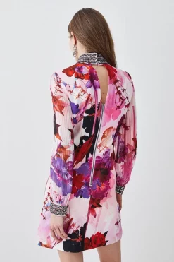 Budget ✨ Karen Millen Diamante Trim Floral Woven Mini 👗 Dress - pink ⭐ -Occasionwear Popular Store bkk07436 pink xl 2