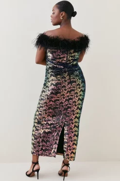 Hot Sale 👍 Karen Millen Plus Size Sequin Bardot Feather Trim Midaxi 👗 Dress - multi 😀 -Occasionwear Popular Store bkk07468 multi xl 2