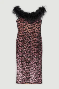 Hot Sale 👍 Karen Millen Plus Size Sequin Bardot Feather Trim Midaxi 👗 Dress - multi 😀 -Occasionwear Popular Store bkk07468 multi xl 3