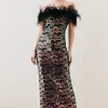 Brand new 🔥 Karen Millen Petite Sequin Bardot Feather Trim Midaxi 👗 Dress - multi 🔔 -Occasionwear Popular Store bkk07469 multi xl