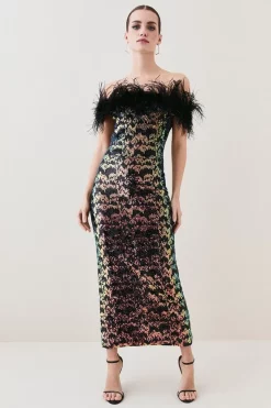 Brand new ๐ฅ Karen Millen Petite Sequin Bardot Feather Trim Midaxi ๐ Dress - multi ๐