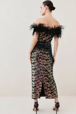 Brand new 🔥 Karen Millen Petite Sequin Bardot Feather Trim Midaxi 👗 Dress - multi 🔔 -Occasionwear Popular Store bkk07469 multi xl 2