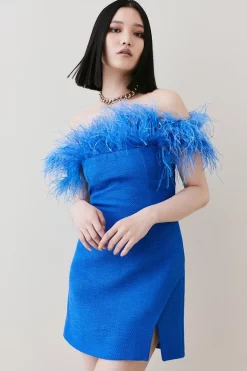 Best deal 🧨 Karen Millen Boucle Feather Bardot Mini 👗 Dress 🛒 -Occasionwear Popular Store bkk07490 cobalt xl 2