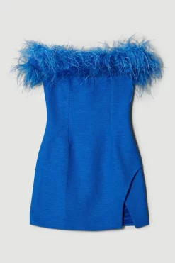 Best deal 🧨 Karen Millen Boucle Feather Bardot Mini 👗 Dress 🛒 -Occasionwear Popular Store bkk07490 cobalt xl 3