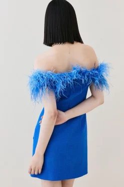 Best deal 🧨 Karen Millen Boucle Feather Bardot Mini 👗 Dress 🛒 -Occasionwear Popular Store bkk07490 cobalt xl 4