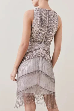 Best Sale ✔️ Karen Millen Petite Embellished Halter Fringed Mini 👗 Dress - blush 🧨 -Occasionwear Popular Store bkk07530 blush xl 4