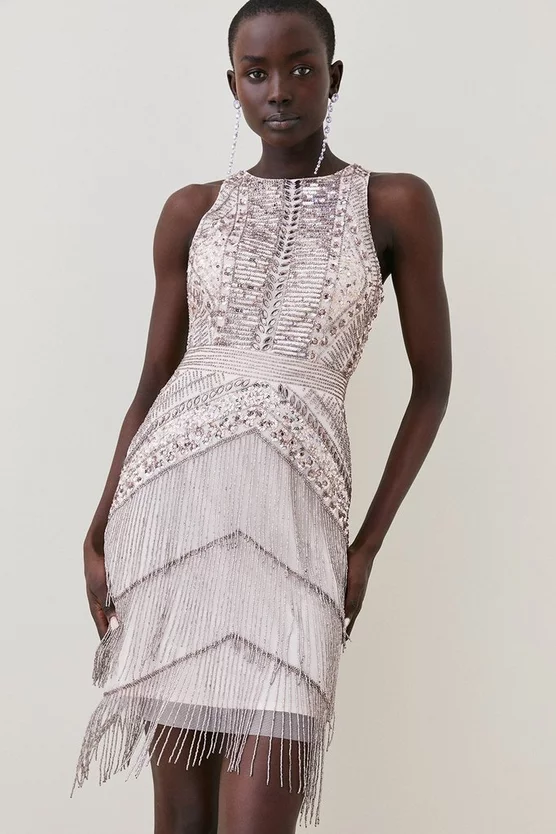 Cheap 🥰 Karen Millen Embellished Halter Fringed Mini 👗 Dress - blush 👍 3 Cheap 🥰 Karen Millen Embellished Halter Fringed Mini 👗 Dress - blush 👍