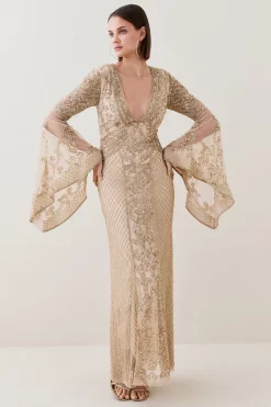 Outlet 🥰 Karen Millen Embellished Kimono Sleeve Beaded Maxi 👗 Dress - gold 👍