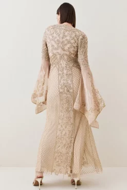 Outlet 🥰 Karen Millen Embellished Kimono Sleeve Beaded Maxi 👗 Dress - gold 👍 -Occasionwear Popular Store bkk07532 gold xl 2