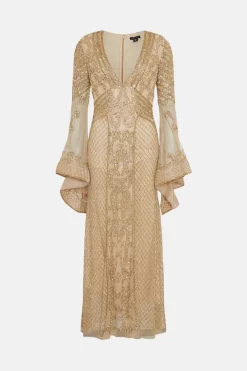 Outlet 🥰 Karen Millen Embellished Kimono Sleeve Beaded Maxi 👗 Dress - gold 👍 -Occasionwear Popular Store bkk07532 gold xl 3
