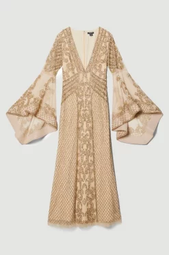 Cheapest 🥰 Karen Millen Petite Embellished Kimono Sleeve Beaded Maxi 👗 Dress - gold 🤩 -Occasionwear Popular Store bkk07533 gold xl 3