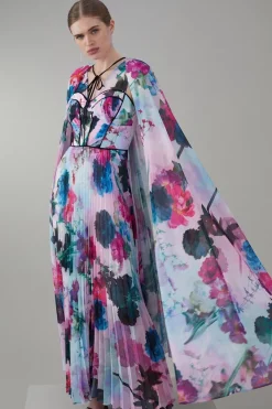 New 🎉 Karen Millen Floral Pleated Corset Woven Maxi 👗 Dress With Detachable Cape ⌛