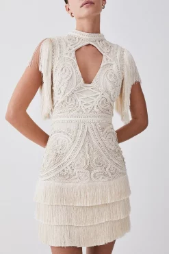 Best Pirce 🤩 Karen Millen Petite Cornelli Embellished Fringed Woven 👗 Dress - ivory 🔥 -Occasionwear Popular Store bkk07575 ivory xl 4