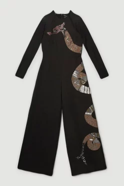 Flash Sale 😀 Karen Millen Petite Sequin And Embellished Woven Dragon Jumpsuit - black ⭐ -Occasionwear Popular Store bkk07591 black xl 3