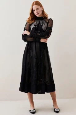 Best Sale 👍 Karen Millen Lydia Millen Tall Floral Applique Mesh Woven Midi 👗 Dress - black ⌛