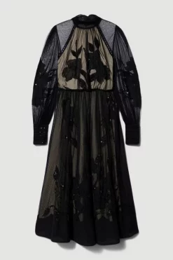 Best Sale 👍 Karen Millen Lydia Millen Tall Floral Applique Mesh Woven Midi 👗 Dress - black ⌛ -Occasionwear Popular Store bkk07600 black xl 3