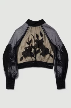 Deals 👍 Karen Millen Lydia Millen Plus Size Floral Applique Blouse - black 😉 -Occasionwear Popular Store bkk07611 black xl 3