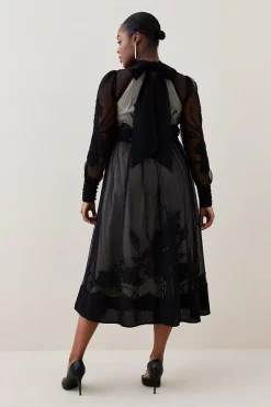 Coupon 👏 Karen Millen Lydia Millen Plus Floral Applique Mesh Woven Midi 👗 Dress - black 🎁 -Occasionwear Popular Store bkk07614 black xl 2
