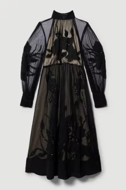 Coupon 👏 Karen Millen Lydia Millen Plus Floral Applique Mesh Woven Midi 👗 Dress - black 🎁 -Occasionwear Popular Store bkk07614 black xl 3