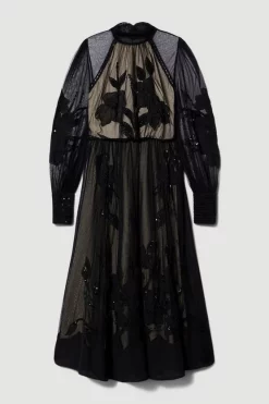 Cheapest 🛒 Karen Millen Lydia Millen Petite Floral Applique Mesh Woven Midi 👗 Dress - black 🔔 -Occasionwear Popular Store bkk07615 black xl 3
