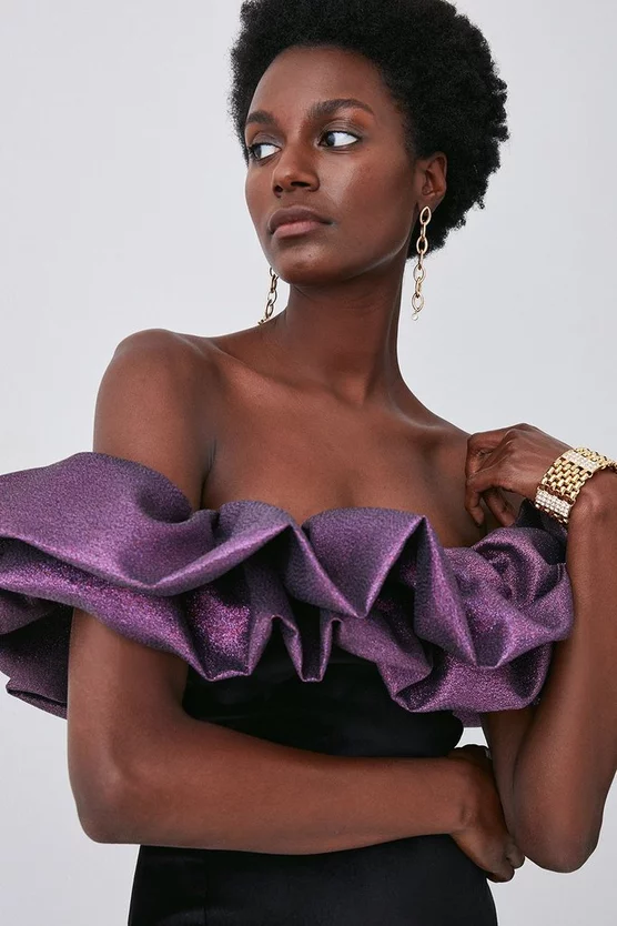 Budget ๐ Karen Millen Jacquard Contrast Ruffle Bardot Midi ๐ Dress - black ๐ 4 Budget ๐ Karen Millen Jacquard Contrast Ruffle Bardot Midi ๐ Dress - black ๐ - Image 2