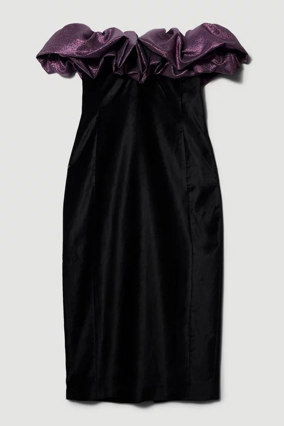 Budget ๐ Karen Millen Jacquard Contrast Ruffle Bardot Midi ๐ Dress - black ๐ 6 Budget ๐ Karen Millen Jacquard Contrast Ruffle Bardot Midi ๐ Dress - black ๐ - Image 4