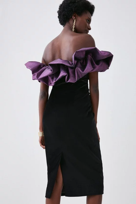 Budget ๐ Karen Millen Jacquard Contrast Ruffle Bardot Midi ๐ Dress - black ๐ 7 Budget ๐ Karen Millen Jacquard Contrast Ruffle Bardot Midi ๐ Dress - black ๐ - Image 5