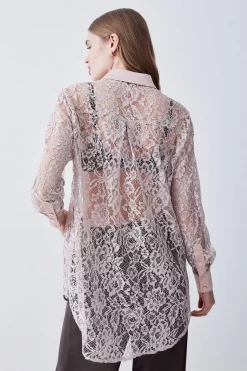 Promo 🔔 Karen Millen Italian Lace & Satin Tailored Longline 👕 Shirt - blush 😍 -Occasionwear Popular Store bkk07633 blush xl 2