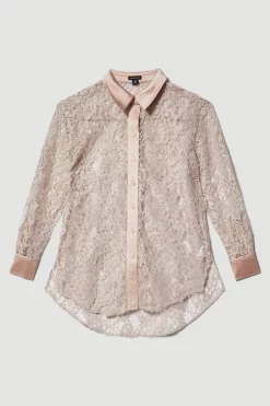 Promo 🔔 Karen Millen Italian Lace & Satin Tailored Longline 👕 Shirt - blush 😍 -Occasionwear Popular Store bkk07633 blush xl 3