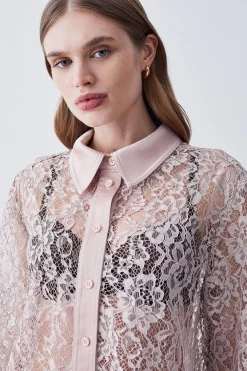 Promo 🔔 Karen Millen Italian Lace & Satin Tailored Longline 👕 Shirt - blush 😍 -Occasionwear Popular Store bkk07633 blush xl 4