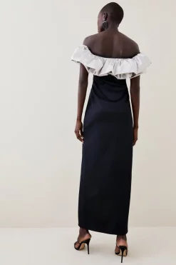 Brand new 🎉 Karen Millen Italian Structured Satin Ruffle Bardot Maxi 👗 Dress - mono ❤️ -Occasionwear Popular Store bkk07635 mono xl 2