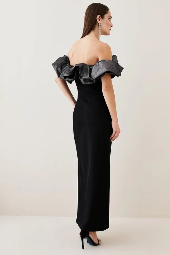 Top 10 🎉 Karen Millen Structured Crepe Jacquard Ruffle Bardot Maxi 👗 Dress - black 🔥 7 Top 10 🎉 Karen Millen Structured Crepe Jacquard Ruffle Bardot Maxi 👗 Dress - black 🔥 - Image 5