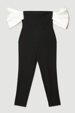 Discount ✔️ Karen Millen Structured Crepe Bardot Structured Satin Bow Back Jumpsuit - black 🛒 -Occasionwear Popular Store bkk07638 black xl 3