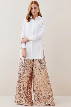 Budget 🎁 Karen Millen Lydia Millen Petite Textured Sequin Wide Leg Trousers - rose gold 🥰