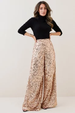 Wholesale 🔥 Karen Millen Lydia Millen Textured Sequin Wide Leg Woven Trousers - rose gold ❤️