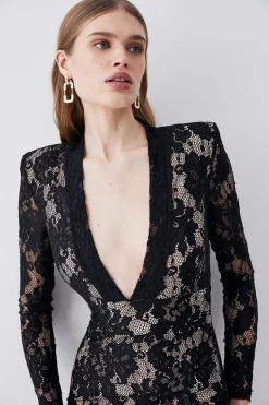 Cheapest 🛒 Karen Millen Lace V Neck Long Sleeve Midi 👗 Dress - black 🤩 -Occasionwear Popular Store bkk07670 black xl 1